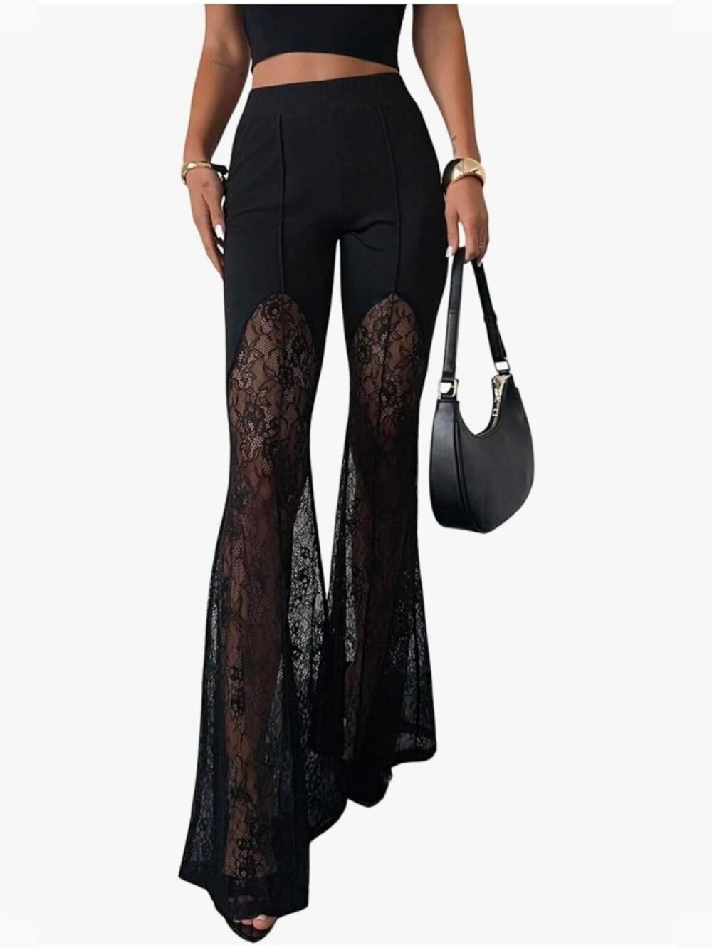 Trends Women's Goth Floral Lace Flare Leg Pants Elastic Waist Bell Bottom.